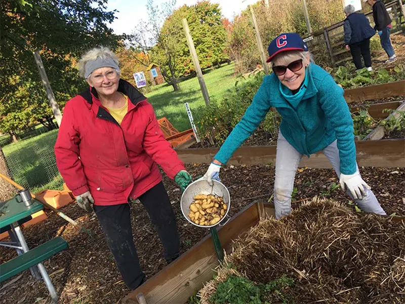 two people holding s bucket with plants in it